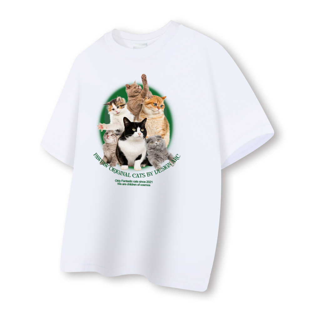 [국내생산/자체제작] 20수 반팔 티셔츠 루즈핏 남녀공용 빅사이즈 귀여운 고양이 프린팅